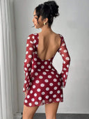 Chic Women's Mini Dress with Unique Back Cutout and Contemporary Dot Design