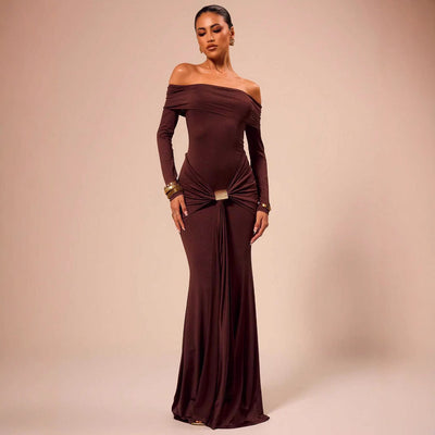 Off-Shoulder Women's Evening Dress with Chic Gathering