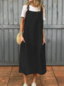 Women’s Linen Dungaree Dress with Side Pockets and Adjustable Straps