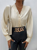Ladies Blouse with Lace Trim and Button Details