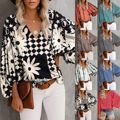 Women's V-Neck Blouse with Puff Sleeves
