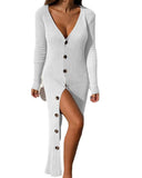 Chic Long Knit Dress with Deep V-Neck & Button Accents