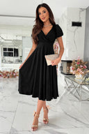 Chic A-Line Dress with Puff Sleeves and Narrow V-Neck