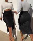 Chic Pencil Skirt with Asymmetrical Slit & Ruffle Design