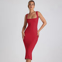 Chic Midi Dress with Square Neckline and Lace Details