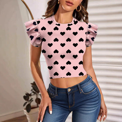 Women's Ruffled Sleeve T-Shirt with Heart Design