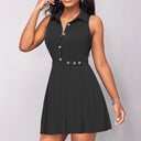 Women's Knee-Length Button-Up Shirt Dress with Pleated Skirt