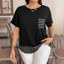 Striped Hem Women's T-Shirt with Chest Pocket