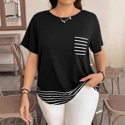 Striped Hem Women's T-Shirt with Chest Pocket
