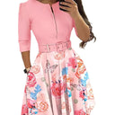 Floral Print A-Line Dress with Waist Belt for Women