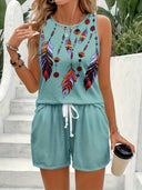 Creative Feather Design Women's Shorts with Elastic Waistband