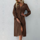 Chic V-Neck Women's Shirt Dress with Button Accents