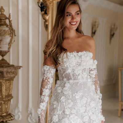 Floral Detail Wedding Dress with Sheer Inserts