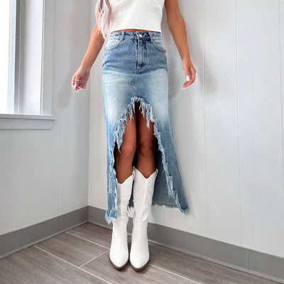 Chic Women's Frayed Hem Denim Skirt