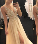 Chic Evening Dress with High-Slit and Glittering Appliqué
