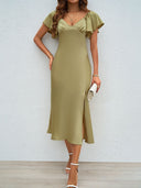 Chic V-Neck Midi Dress with Ruffle Accents
