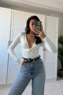 Chic Women's Long-Sleeve V-Neck Bodysuit with Twist Design