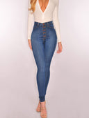 Women's High-Waist Skinny Jeans with Unique Button Detail