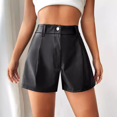 Chic Women's High-Waisted Faux Leather Shorts with Pleated Design