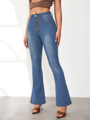 Trendy High Waist Flared Jeans with Button Details for Women