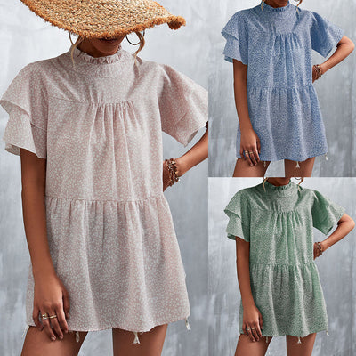 Women's Flowing Dress with Ruffled Details and High Collar