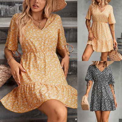 Floral Design Women's Dress with Stylish Button Accents