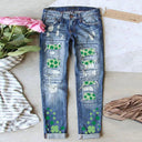 Women's Cheerful Clover Print Jeans with Trendy Distressed Details