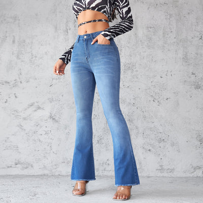 High-Waisted Women's Flared Jeans with Frayed Hem