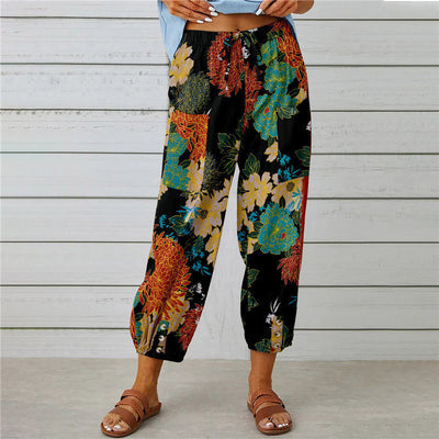 Floral Print Women's Trousers with Stylish Buttons