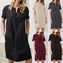 Chic Linen Dress with Button Placket and Pockets
