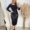 Figure-Hugging Faux Leather Skirt with Bow Accent
