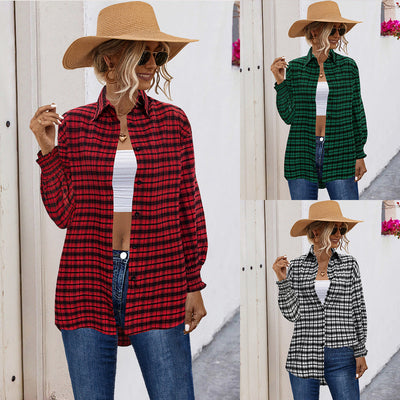 Checkered Women's Blouse with Cut Sleeves and Elastic Cuffs
