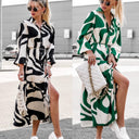 Trendy Wave Pattern Women's Shirt Dress with Waist Belt