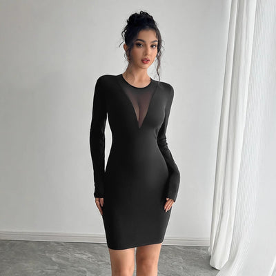Chic Women's Long Sleeve Dress with V-Neck & Sheer Accents