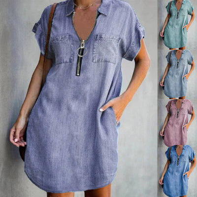 Chic Chambray Dress with Zipper and Handy Pockets