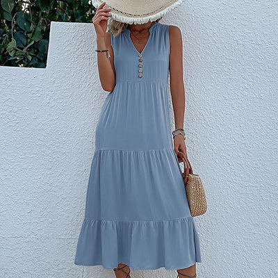 Chic Women's Button Dress with Ruffle Accents