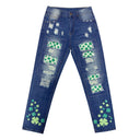 Chic Women's Clover Print Jeans with Trendy Distressed Accents
