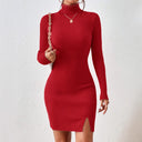 Fitted Ribbed Dress with High Collar & Side Slit