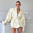 Floral Design Blazer Jacket with Waist Belt for Women
