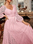 Ladies Lace Midi Dress with Puff Sleeves and Waist Tie