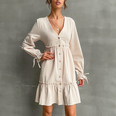 Chic Mini Dress with V-Neck and Puffed Sleeves
