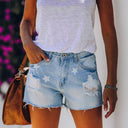 Chic Women's Star Design Denim Shorts with Distressed Details