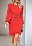 Ruffled Puff Sleeve Women's Wrap Dress
