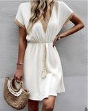 Stylish Women's V-Neck Dress with Waist Tie