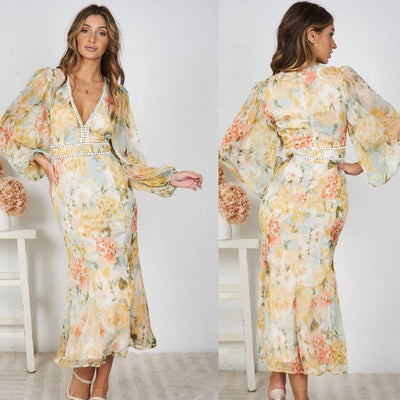 Floral Balloon Sleeve Maxi Dress for Women