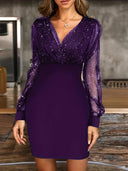 Stylish Glitter Cocktail Dress with Sheer Sleeves