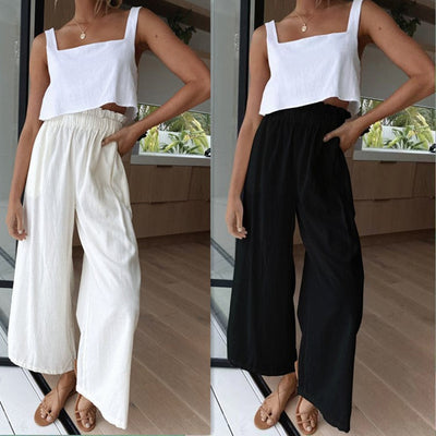 Chic High-Waisted Palazzo Pants with Elastic Waistband and Side Pockets