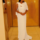 Chic Evening Dress with Asymmetrical Shawl and Flattering Silhouette