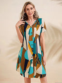 Geometric Pattern Women's Short Sleeve Dress with Button Placket