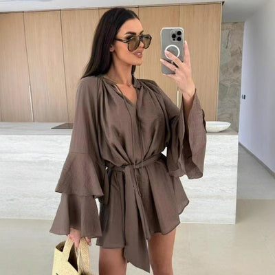Airy Beach Blouse with Balloon Sleeves & Waist Belt